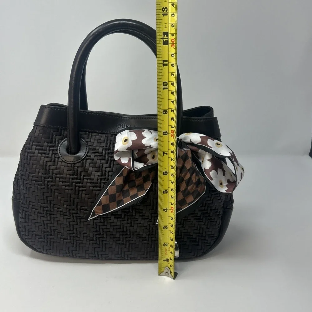 FURLA Italy Dark Brown Leather Woven Handbag Purse Satchel
